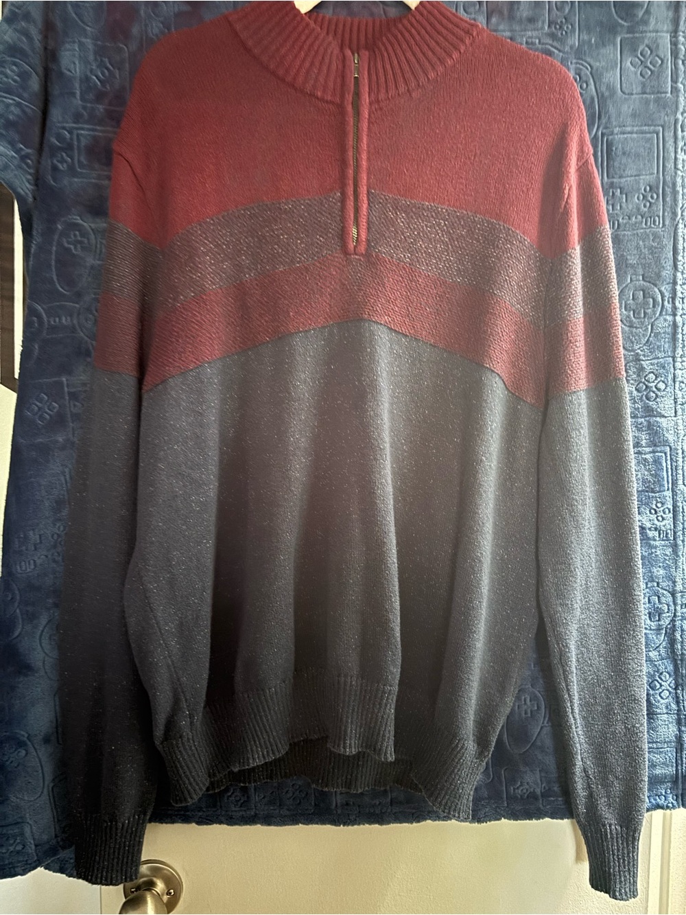 Men's Two-Tone Half-Zip Sweater - Red and Dark Blue